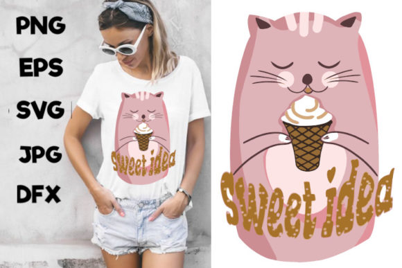 Cat and Ice Cream, Sweet Idea Quote: Graphics & Illustrations